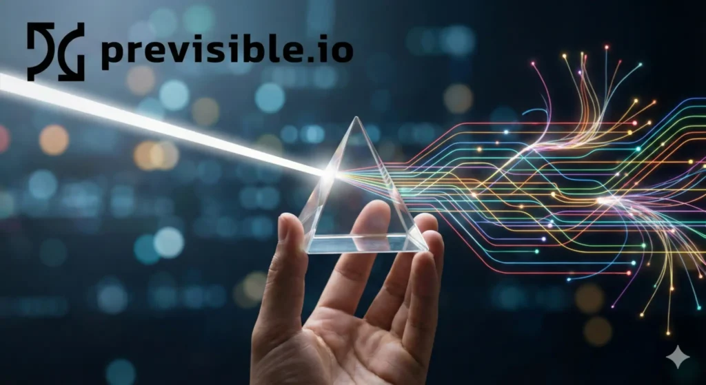 A hand holds a glass prism splitting light into colorful streams, with "previsible.com" and the power of Previsible AI showcased against a dark background.