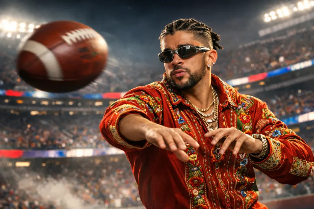 A man in sunglasses and a red embroidered jacket throws a football in a stadium under bright lights, capturing the excitement seen in recent AI Super Bowl ads.