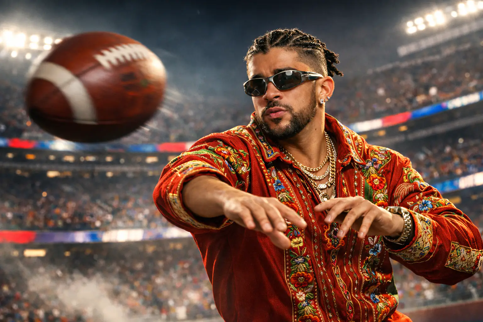A man in sunglasses and a red embroidered jacket throws a football in a stadium under bright lights, capturing the excitement seen in recent AI Super Bowl ads.