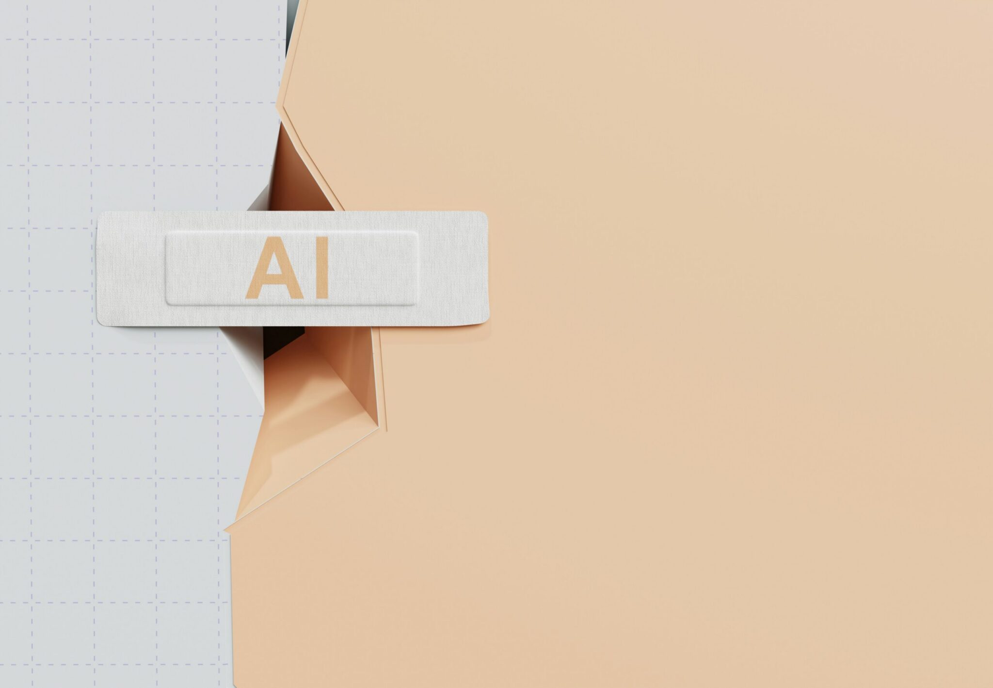 A rectangular button labeled "AI" emerges from a torn section between a grid-patterned gray surface and a solid beige background, symbolizing innovative shifts in AI search behavior.