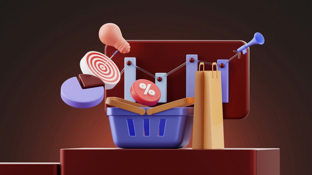 A 3D illustration of a shopping basket filled with items like charts, a lightbulb, and a pushpin, symbolizing shopping and marketing concepts—perfect for visualizing ideas like AI Crawlability Score or Content Retrieval in LLMs.