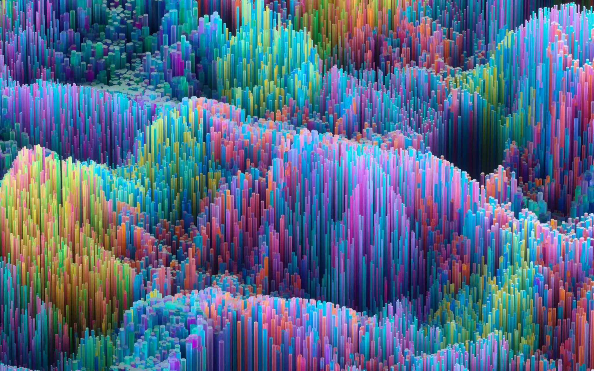 Colorful abstract landscape of tall, densely packed 3D rectangular bars in vibrant rainbow hues.