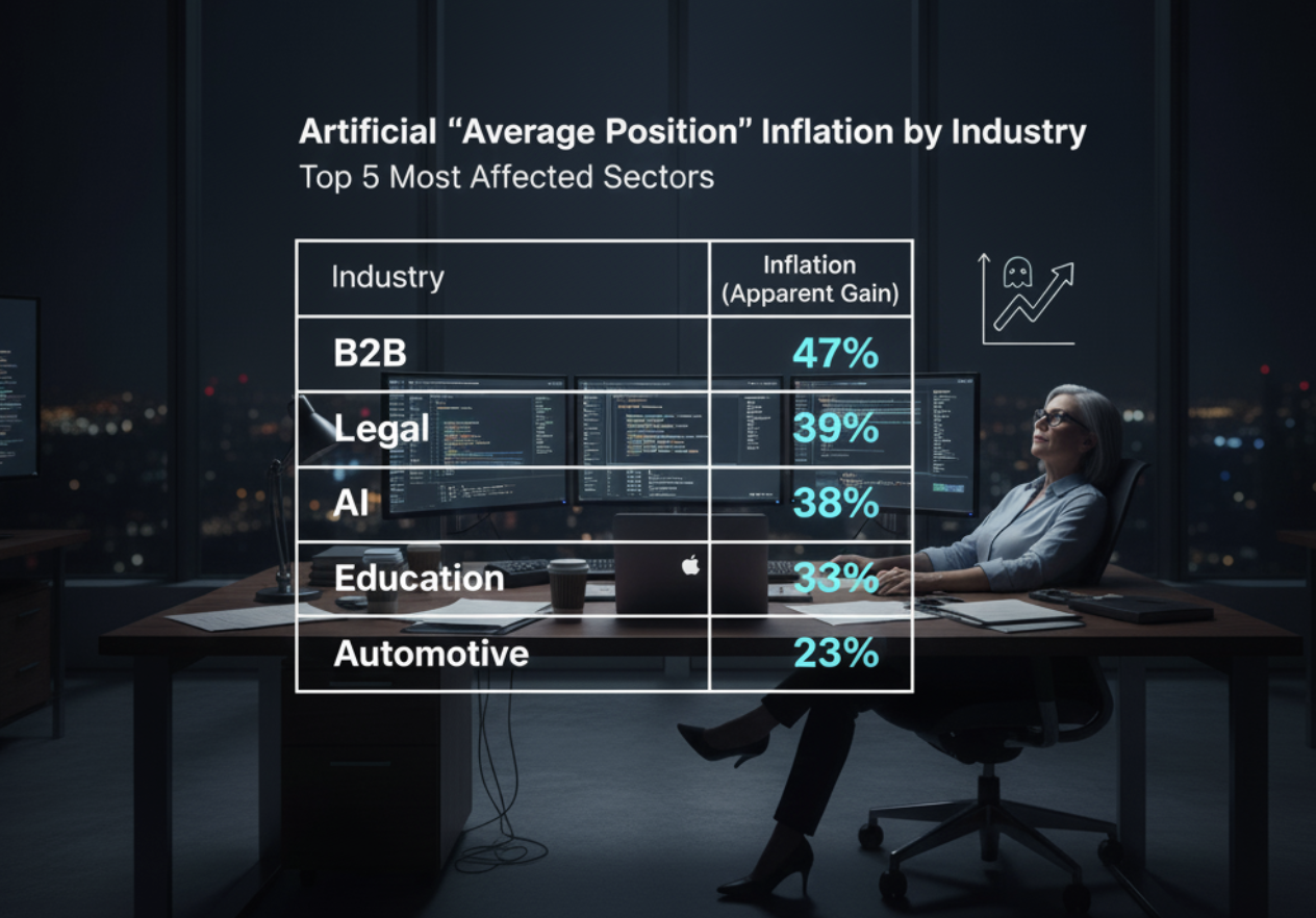 A professional sits in a dark office with multiple monitors; a chart lists B2B, Legal, AI, Education, and Automotive among the top num=100 sectors most affected by artificial "average position" inflation.