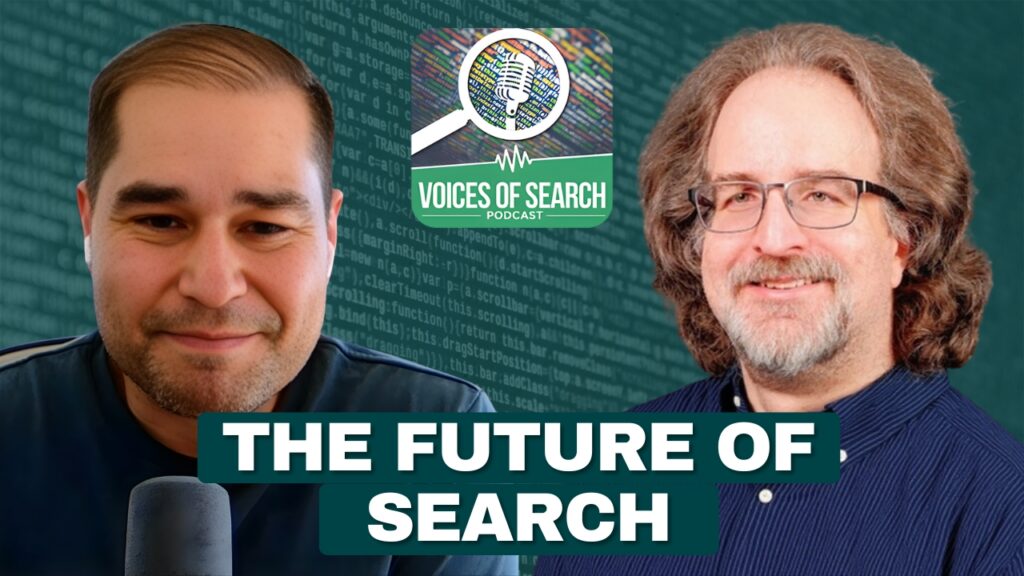 Two men and a logo above text that reads "The Future of Search" on a tech-themed background.