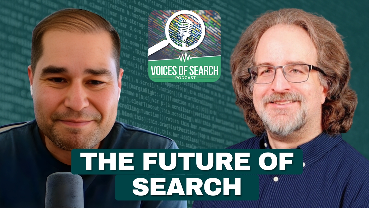 Two men and a logo above text that reads "The Future of Search" on a tech-themed background.