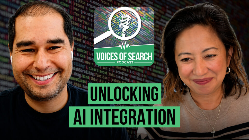 Two smiling people on a podcast cover titled “Unlocking AI Integration” with code in the background.