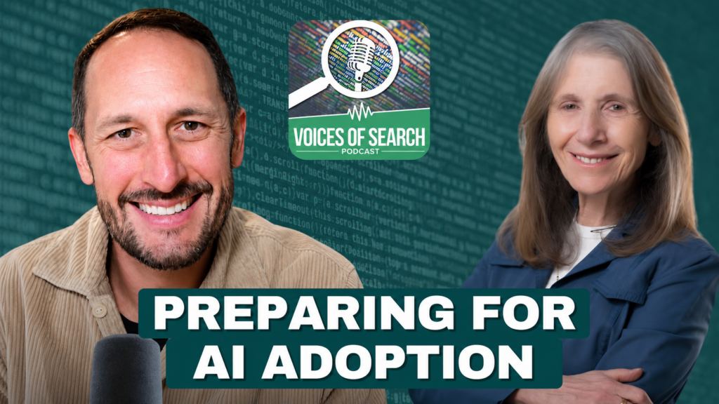 Two smiling people and podcast logo with text: Preparing for AI Adoption. Background is digital code.