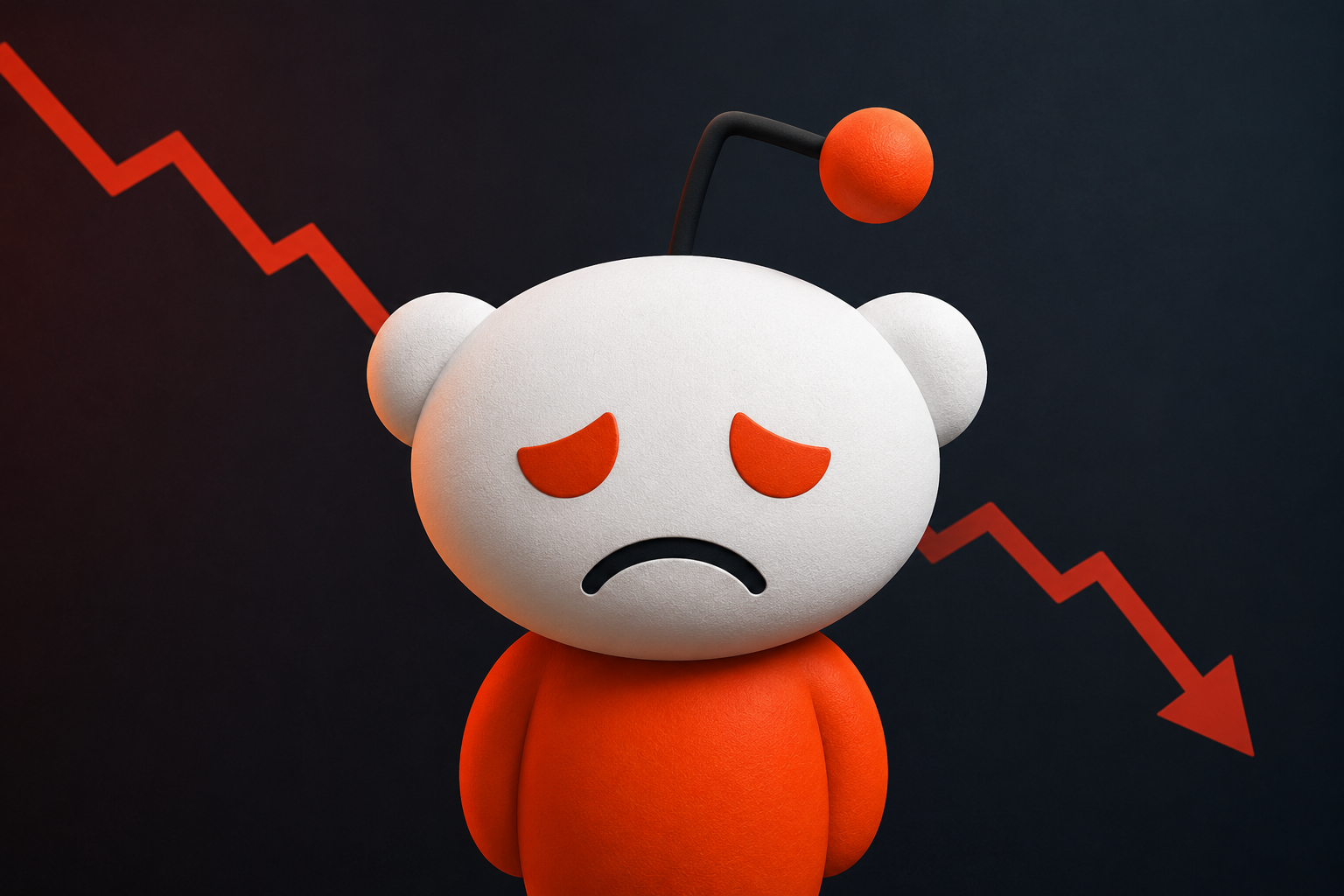 A sad Reddit mascot stands in front of a red downward trending graph on a dark background.