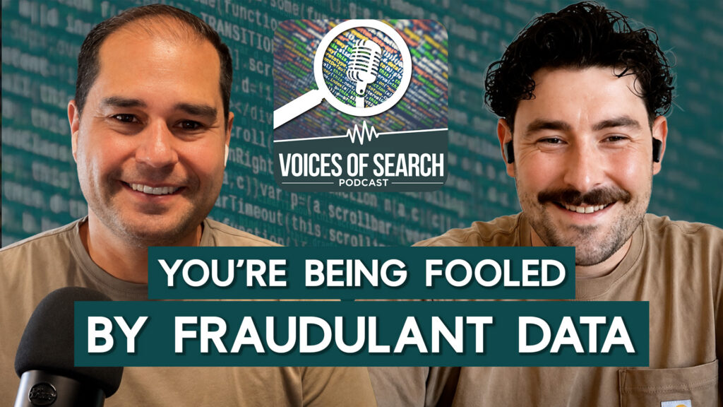 Two men smiling with microphones; “You’re Being Fooled By Fraudulent Data” text overlaid, podcast logo above.
