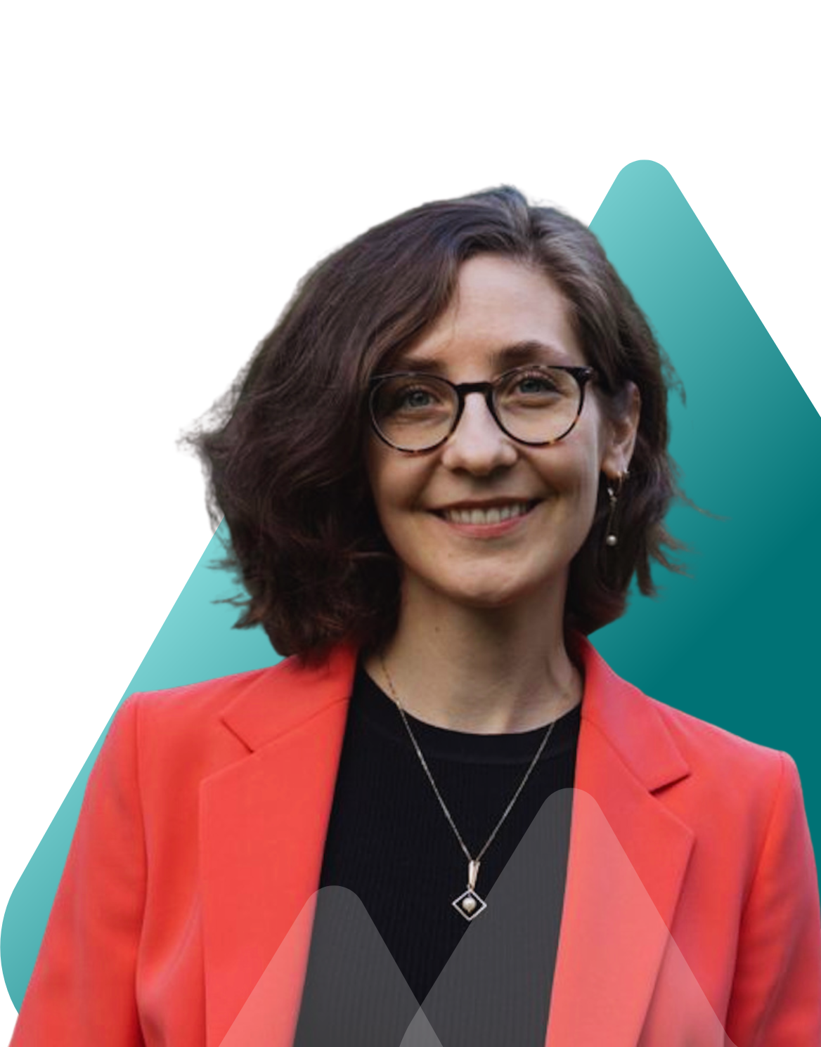 Smiling woman with wavy brown hair, glasses, and a coral blazer, in front of geometric teal shapes.