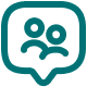 Teal icon of two people inside a speech bubble, symbolizing communication or social interaction.