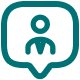 Teal icon of a person inside a speech bubble outline on a light gray background.
