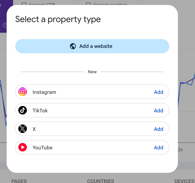 Popup shows options to add Instagram, TikTok, X, YouTube, or a website as a property type.
