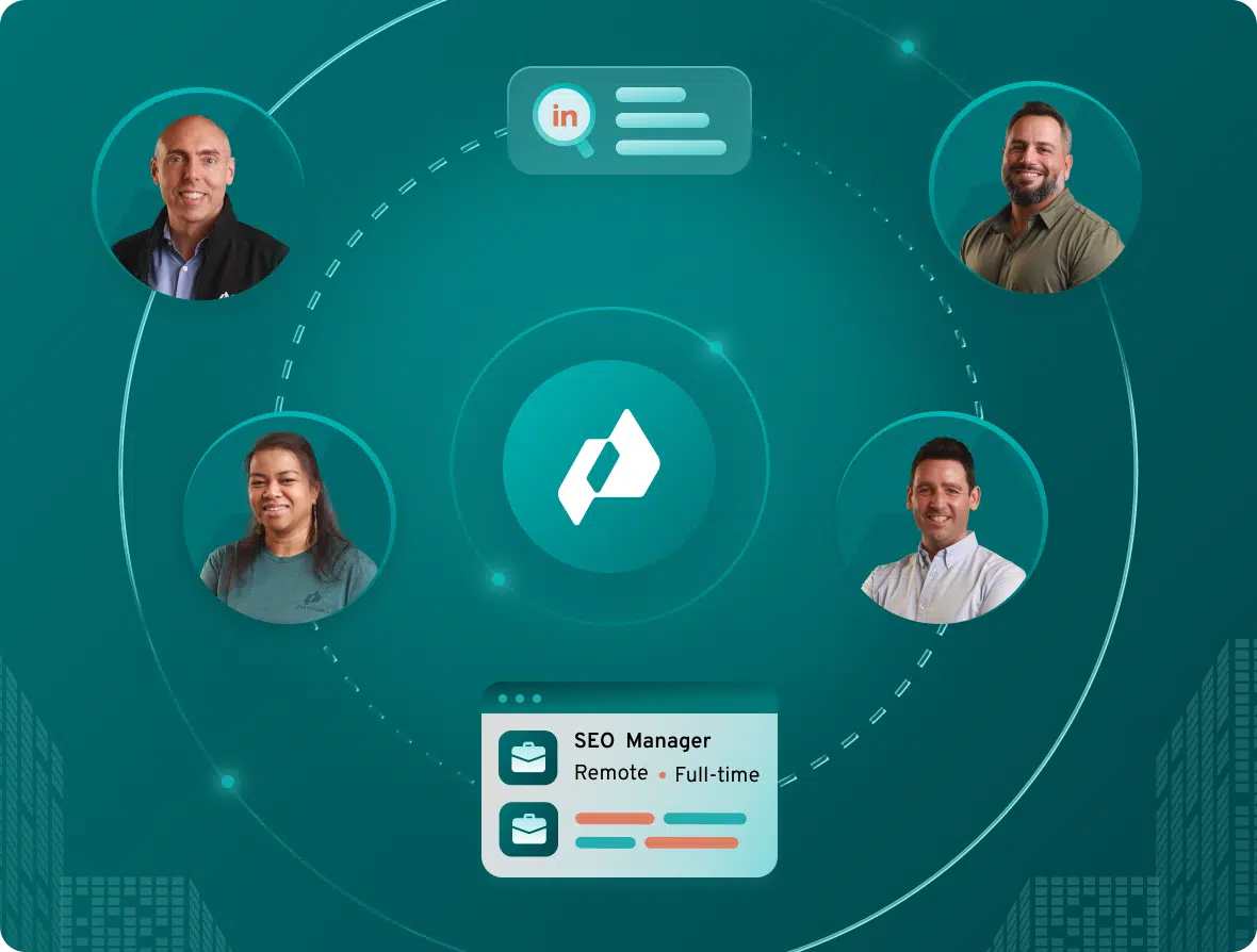 Four diverse professionals encircle a central logo, with job and LinkedIn icons on a teal background.