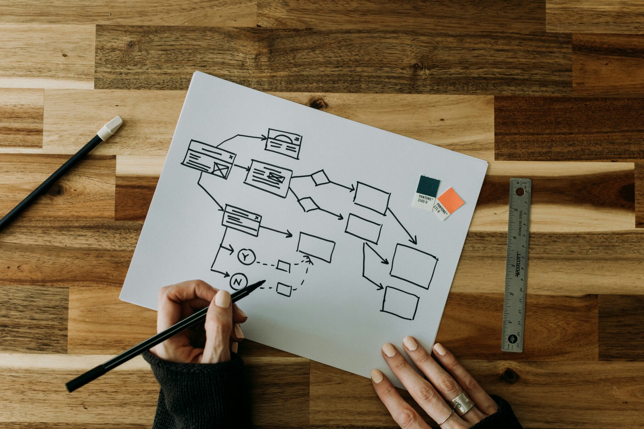 Hand drawing a flowchart on paper with a pencil, with ruler, eraser, and color swatches on a wooden table.