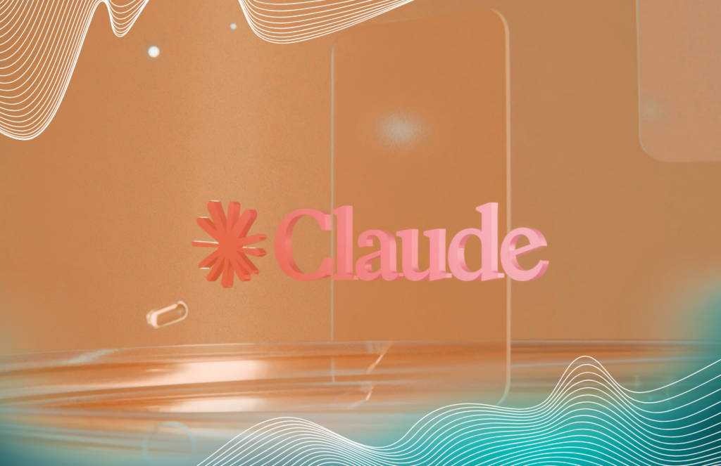 The word “Claude” in pink text appears with a red asterisk and abstract lines on a brown background.