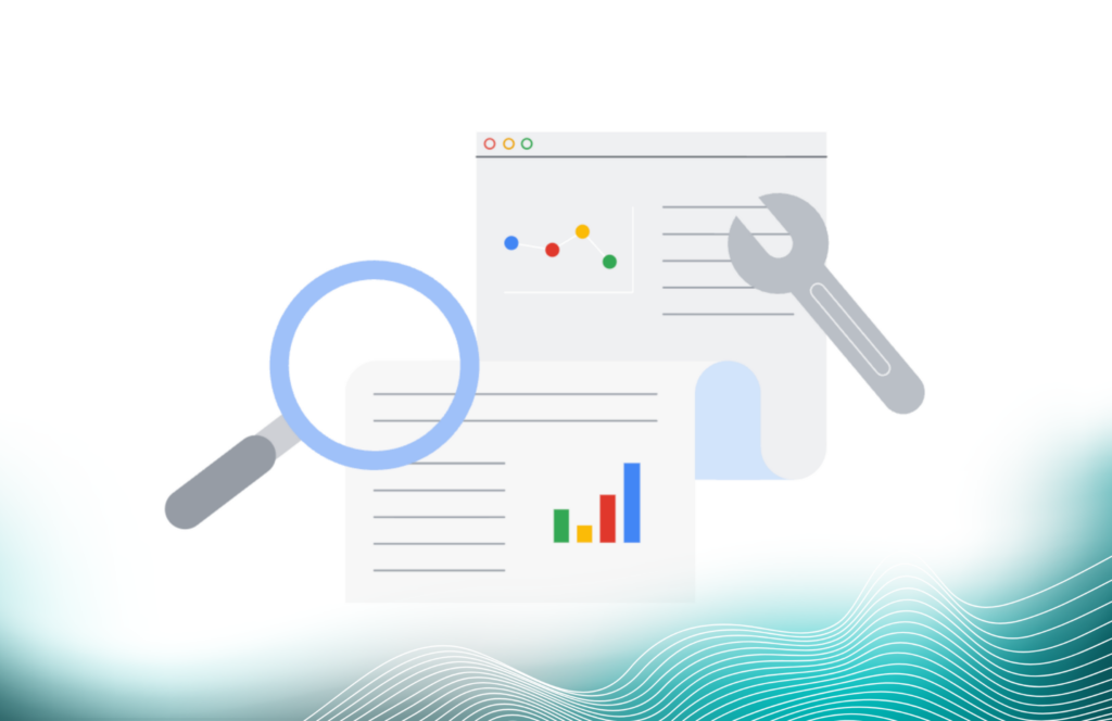 Magnifying glass, browser windows with graphs, and wrench, symbolizing data analysis and tools.