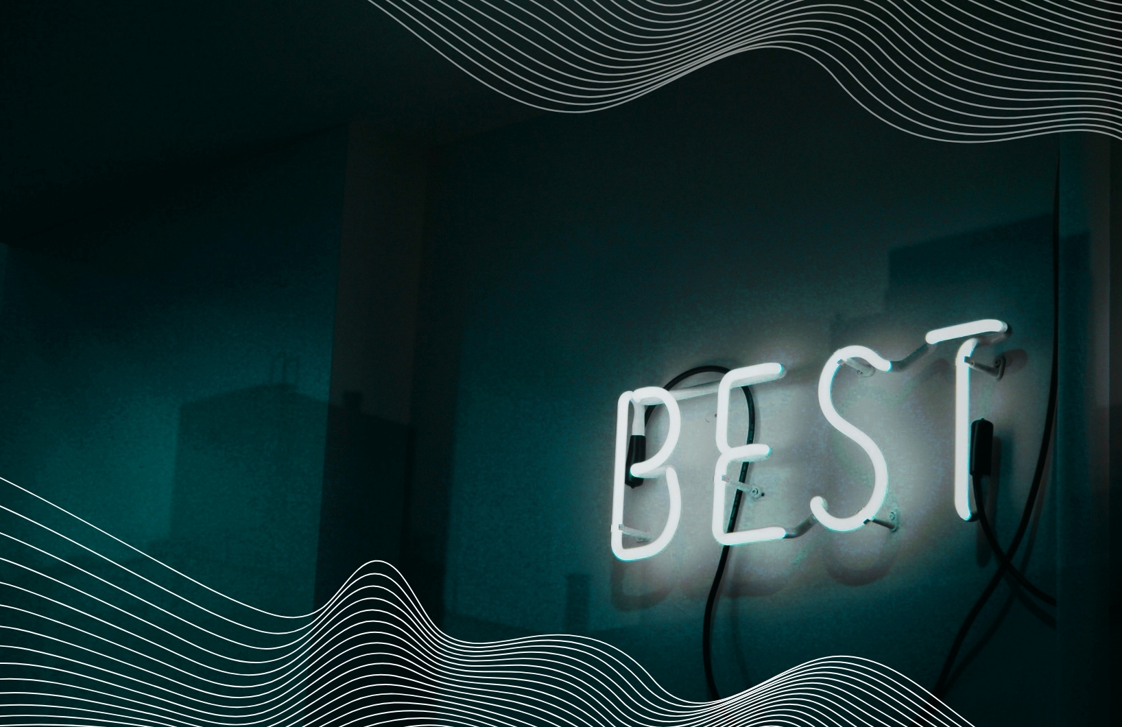 Neon sign reading “BEST” glows on a dark wall with wavy white graphic lines in the foreground.