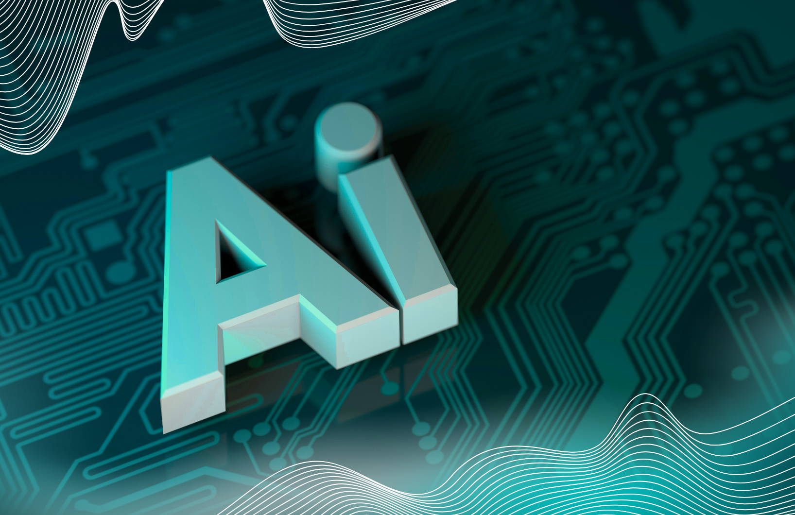 3D “AI” letters on a teal circuit board background with white wavy lines in the corners.