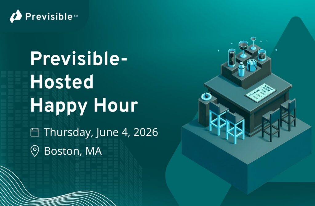 Previsible-hosted happy hour event on June 4, 2026, Boston, with geometric tech-themed graphics.