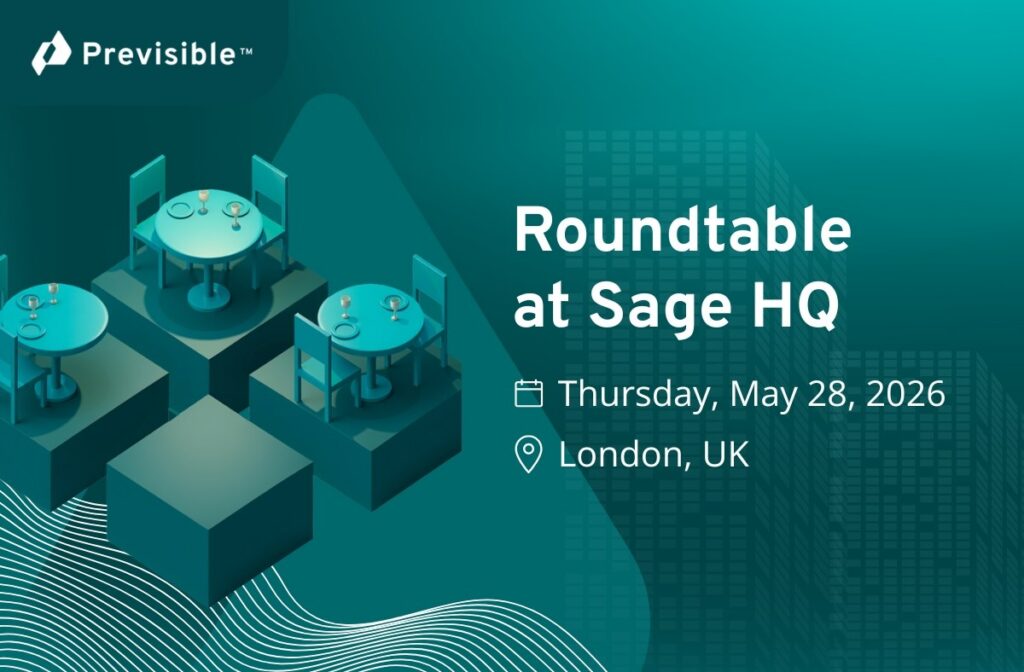 Blue graphic with tables and chairs, event details: Roundtable at Sage HQ, May 28, 2026, London, UK.