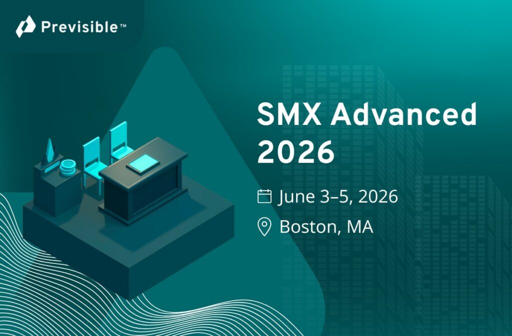 SMX Advanced 2026 event details with office desk, Boston location, and June 3–5, 2026 dates on a teal background.