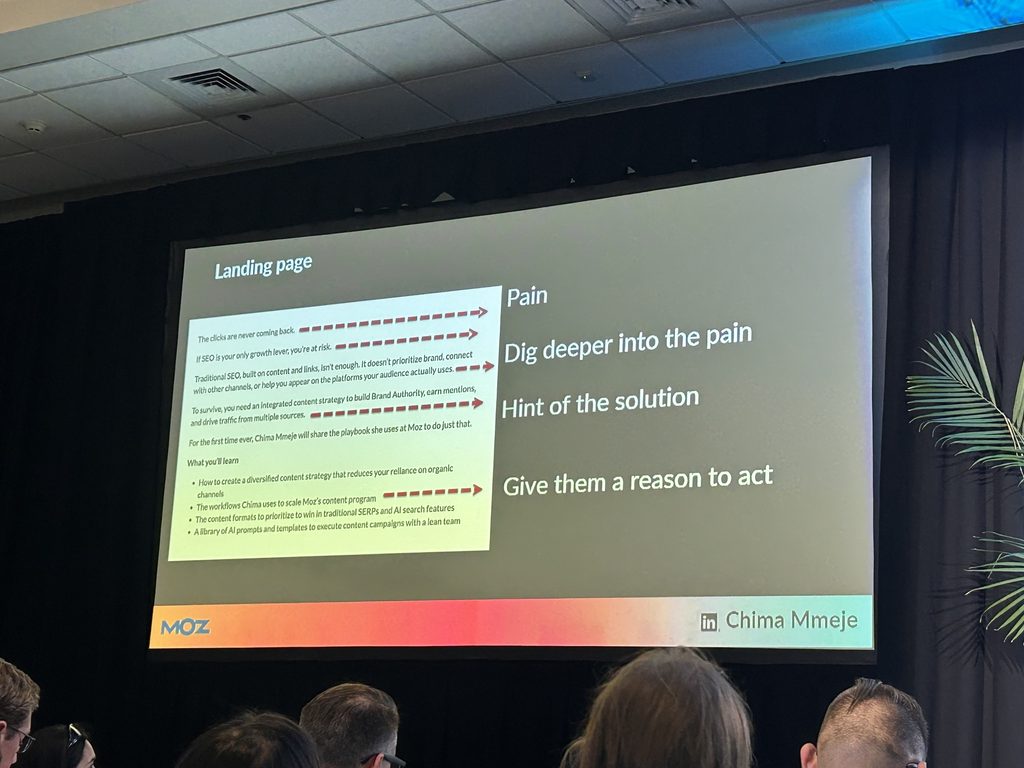 A presentation slide on landing pages, listing steps: pain, dig deeper, hint solution, and call to action.