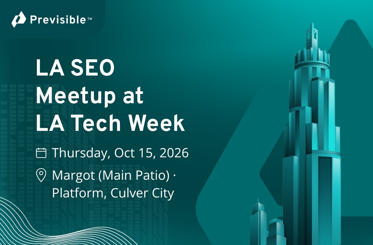 LA SEO Meetup at LA Tech Week event, Oct 15, 2026, at Margot, Culver City. Stylized city skyline.
