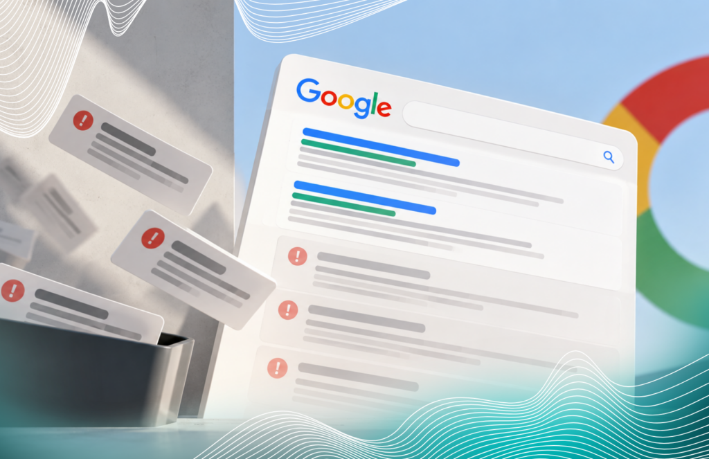A Google search results page with notification icons next to several entries.