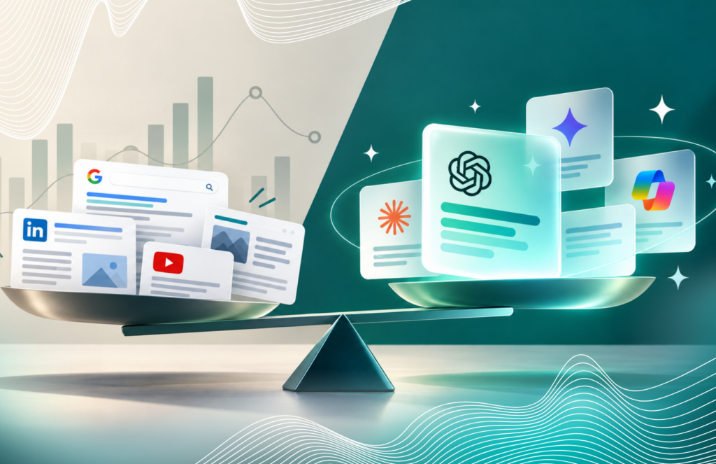 A balance scale weighing traditional search engine results against AI-generated content.
