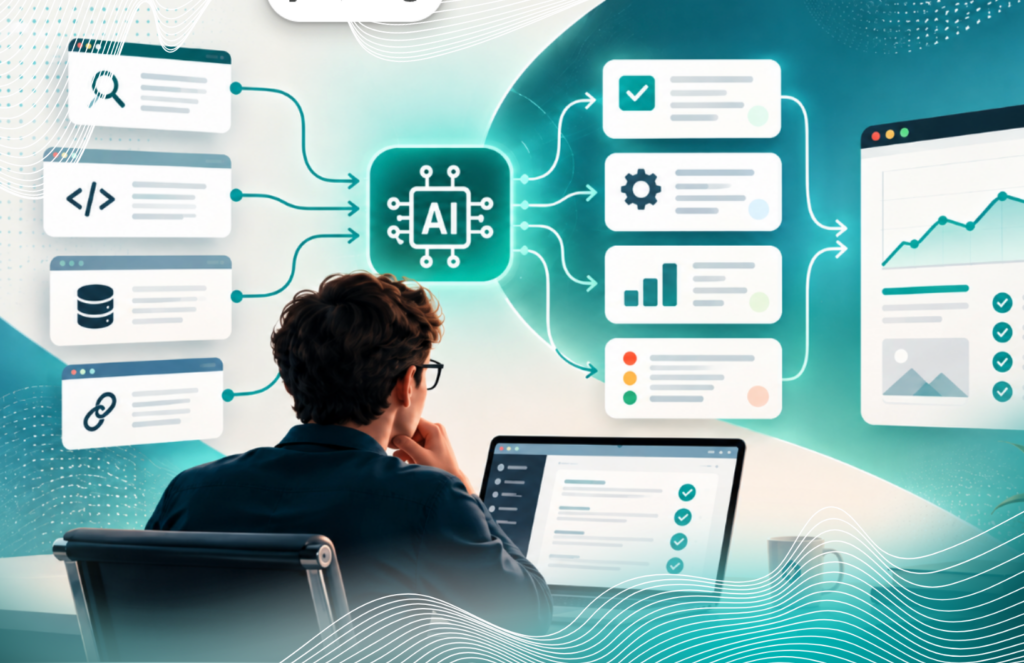 A person at a laptop views a digital diagram showing data flowing into an AI icon and processed into analytics.