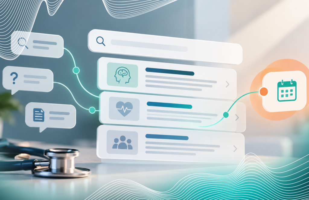 Digital interface showing medical search categories and icons connected to a calendar, with a stethoscope in the foreground.