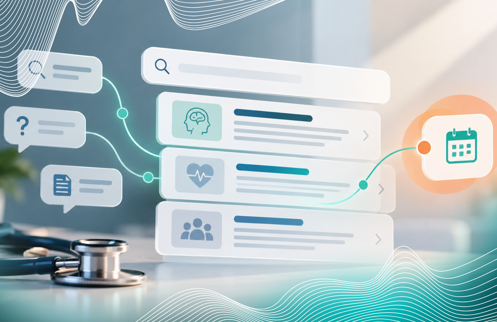 Digital interface showing medical search categories and icons connected to a calendar, with a stethoscope in the foreground.